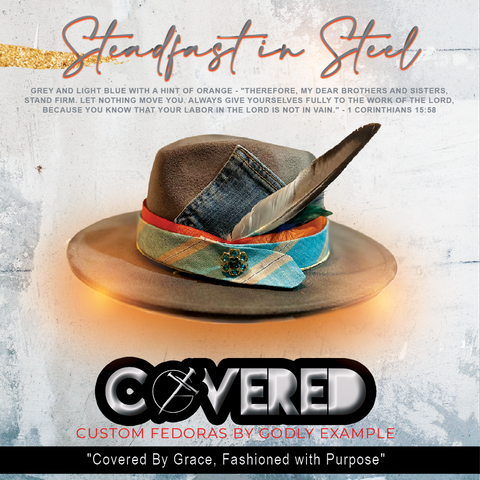 Shop Godly Example Clothing's Steadfast in Steel Fedora - a stylish and Christian-friendly accessory that makes a bold statement. This grey and light blue fedora with a hint of orange features a unique name and scripture reference that highlights the theme of strength and perseverance in one's faith. Made with quality materials and a focus on design, this fedora is perfect for those seeking to elevate their style while expressing their devotion to Christ. Shop now and Say HII… Help, Inspire, and Impact!